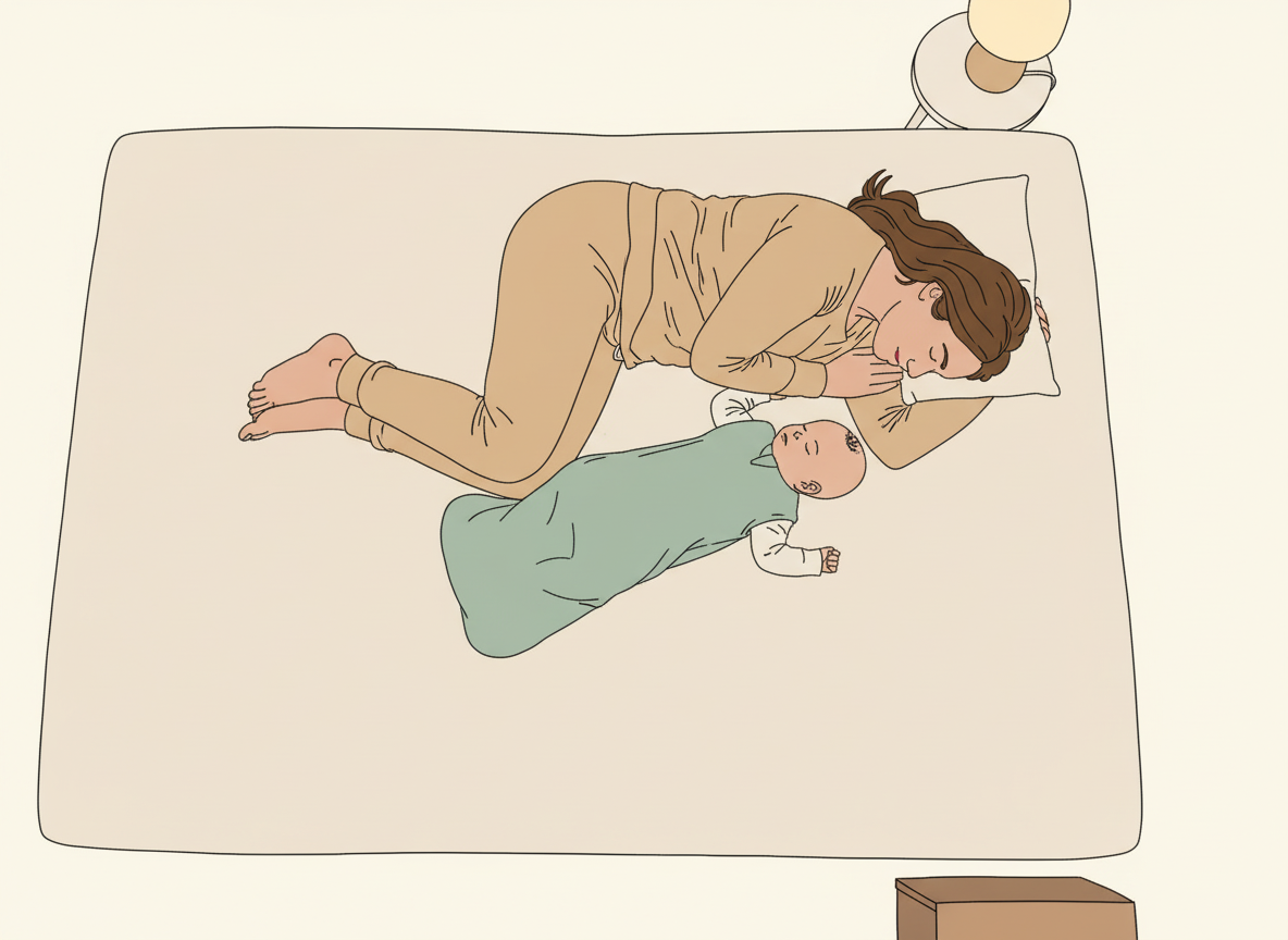 Illustration seen from above showing safe co-sleeping: the mother lies on her side in a protective C-position around the baby, with knees drawn up and arm above the baby's head.